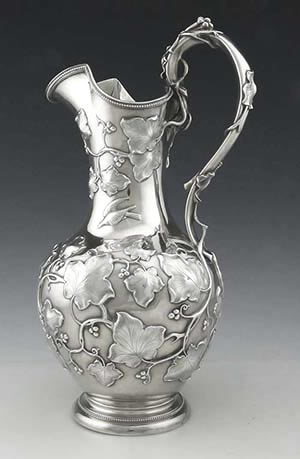 Eoff & Shepard for Ball Black & Co. coin silver pitcher with applied vines and leaves